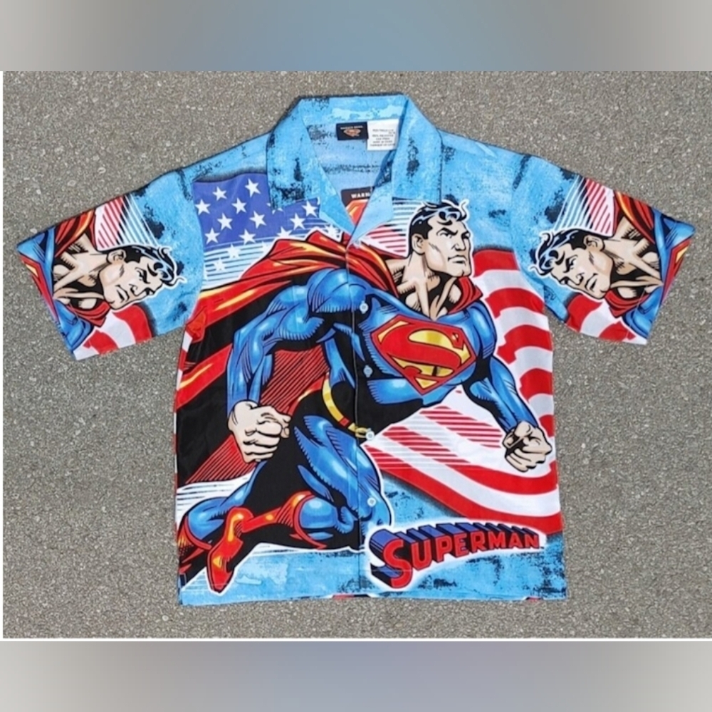 Vtg 2002 Superman Warner Bros DC Comics Button-Up Shirt Youth Kids Size Large